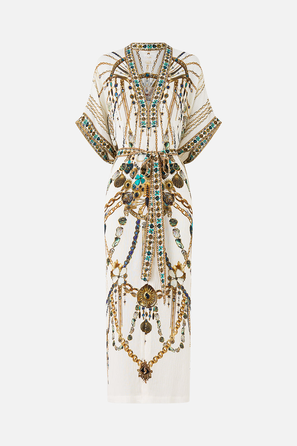 The CAMILLA SHORT SLEEVE KAFTAN WITH TIE WAIST CHAIN GANG in our  print.