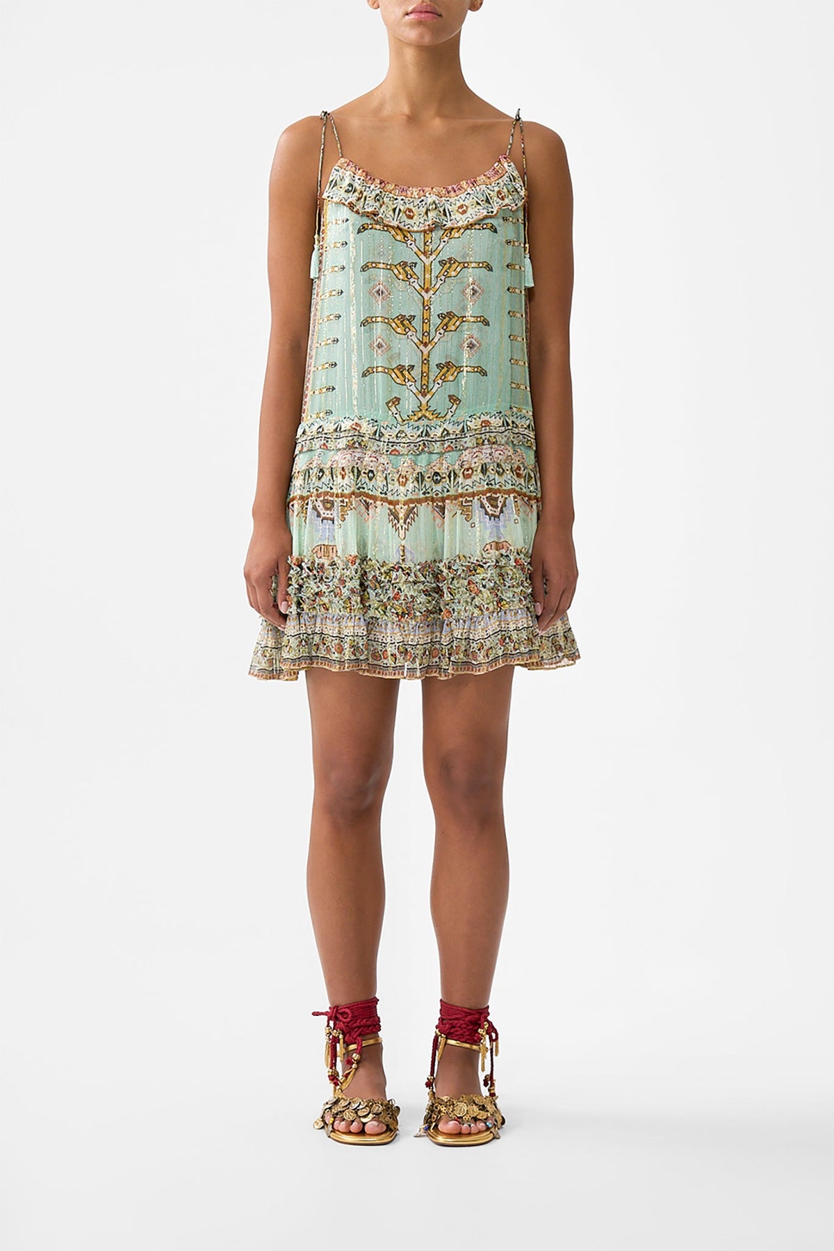 The CAMILLA gathered mini tiered dress with frill detail from our print legend has it