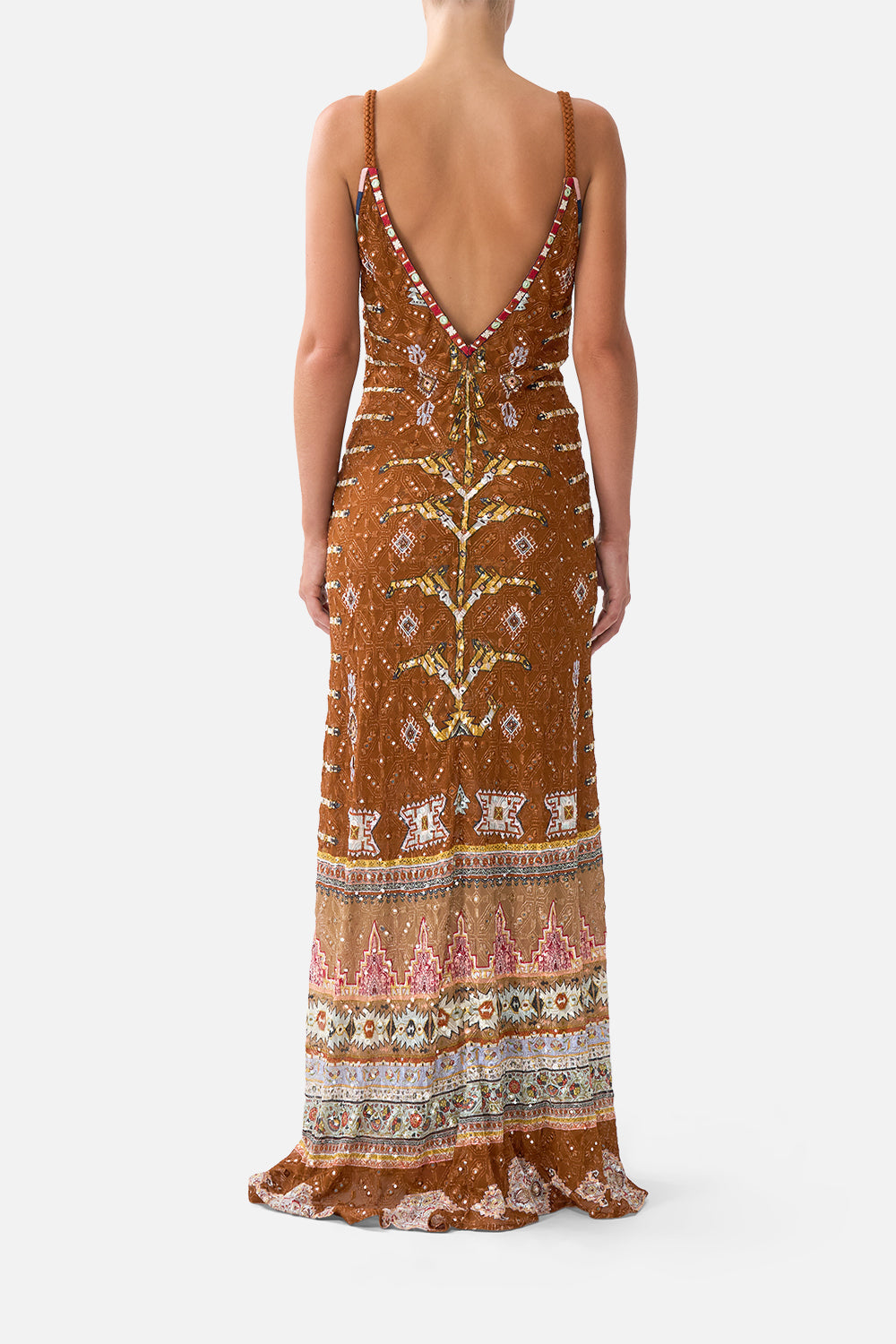 The CAMILLA V-NECK FULL LENGTH BIAS SLIP DRESS FABRIC OF TIME in our  print.