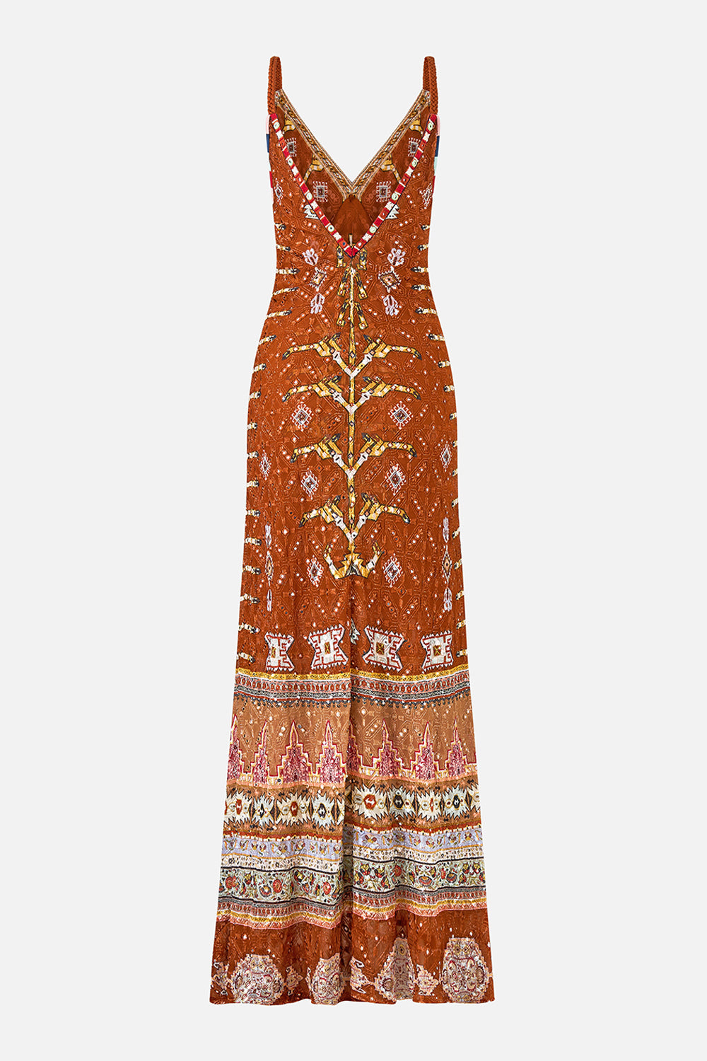 The CAMILLA V-NECK FULL LENGTH BIAS SLIP DRESS FABRIC OF TIME in our  print.