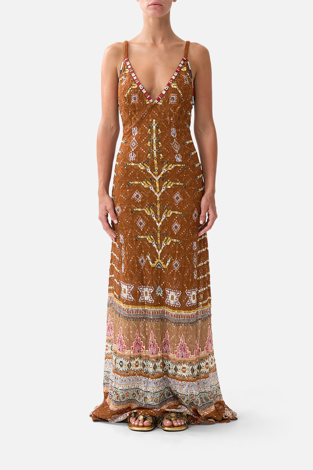 The CAMILLA V-NECK FULL LENGTH BIAS SLIP DRESS FABRIC OF TIME in our FABRIC OF TIME print.