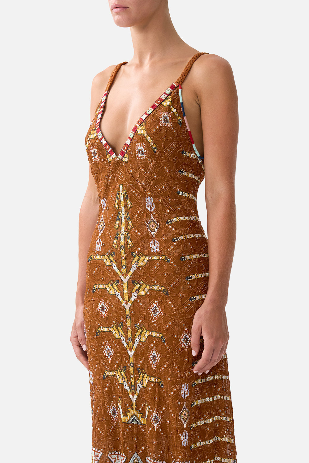 The CAMILLA V-NECK FULL LENGTH BIAS SLIP DRESS FABRIC OF TIME in our  print.