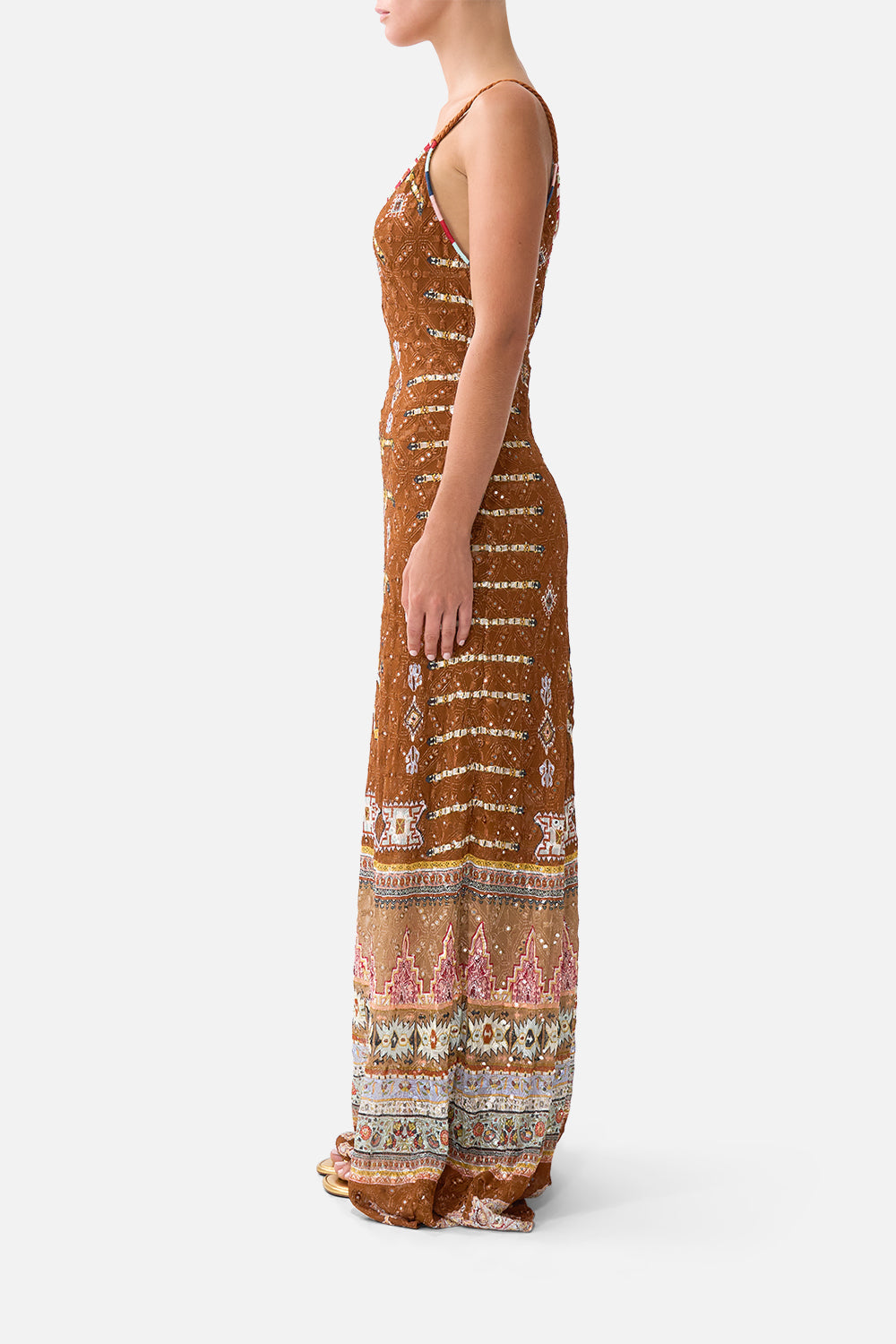The CAMILLA V-NECK FULL LENGTH BIAS SLIP DRESS FABRIC OF TIME in our  print.