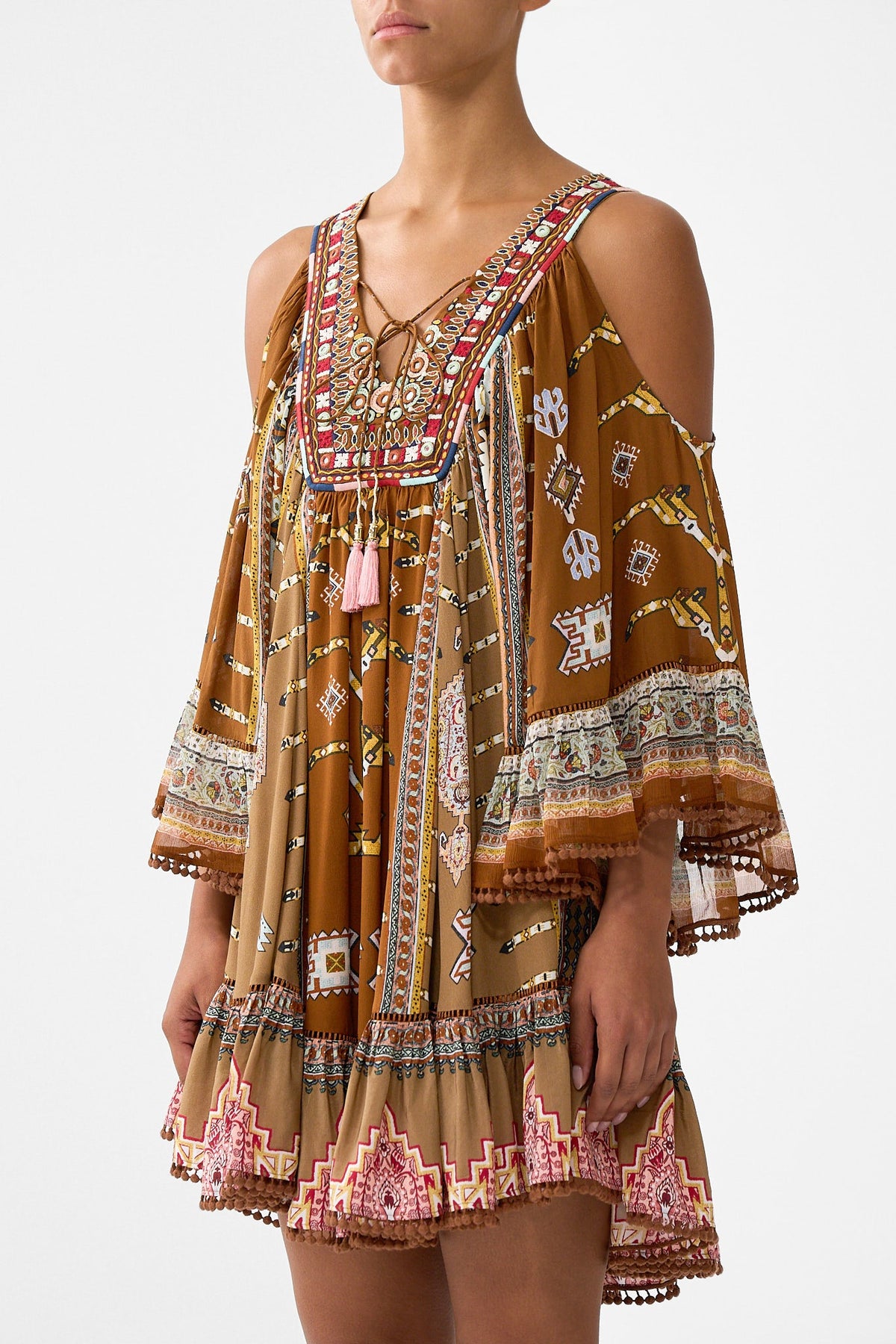 The CAMILLA drop shoulder ruffle dress from our print fabric of time