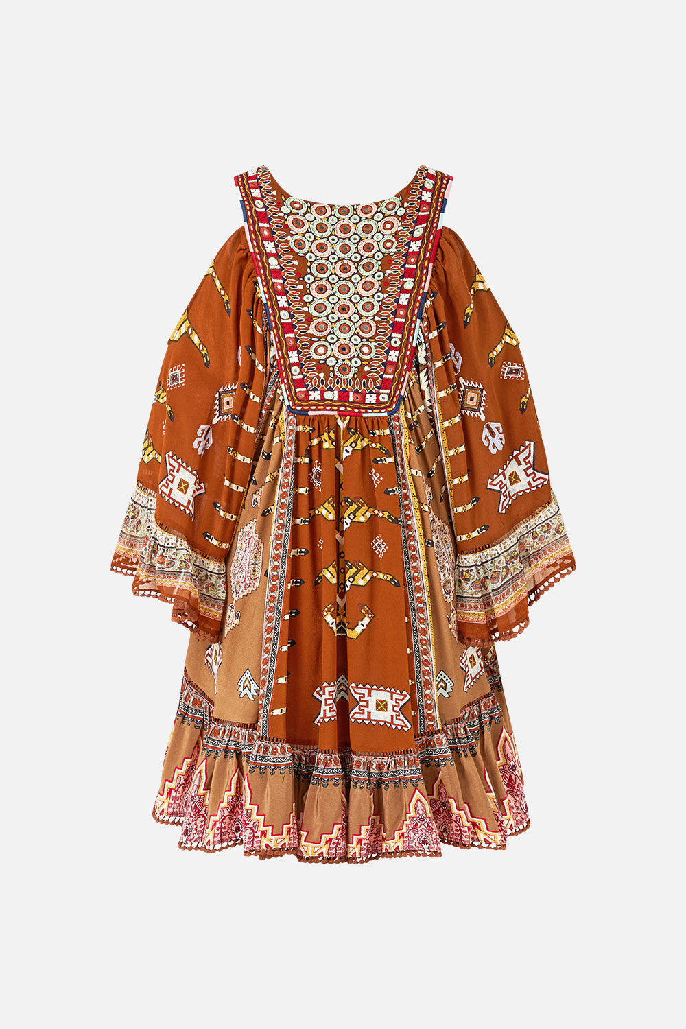 The CAMILLA drop shoulder ruffle dress from our print fabric of time, back product view