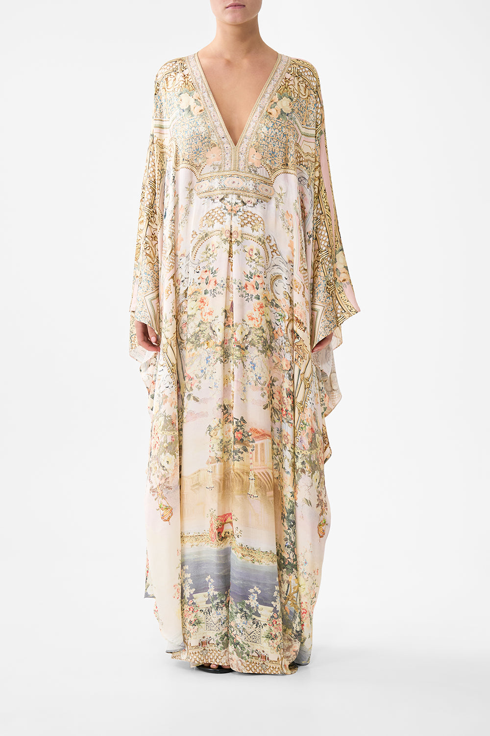 The CAMILLA LONG KAFTAN WITH WAIST DETAIL TWILIGHT IN ISTANBUL in our TWILIGHT IN ISTANBUL print.