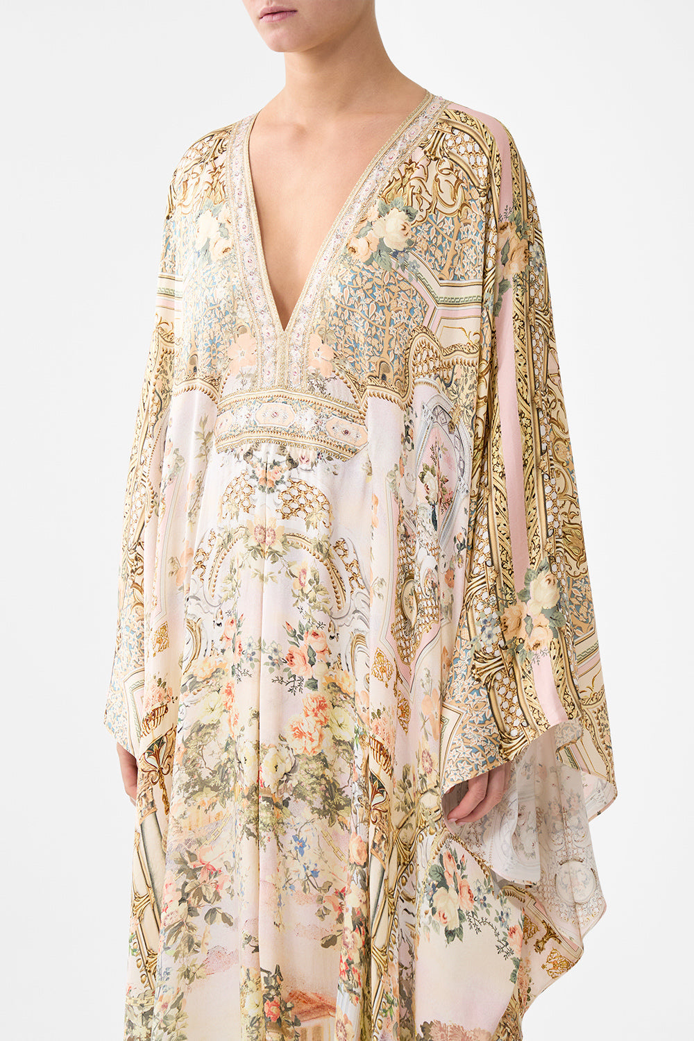 The CAMILLA LONG KAFTAN WITH WAIST DETAIL TWILIGHT IN ISTANBUL in our  print.