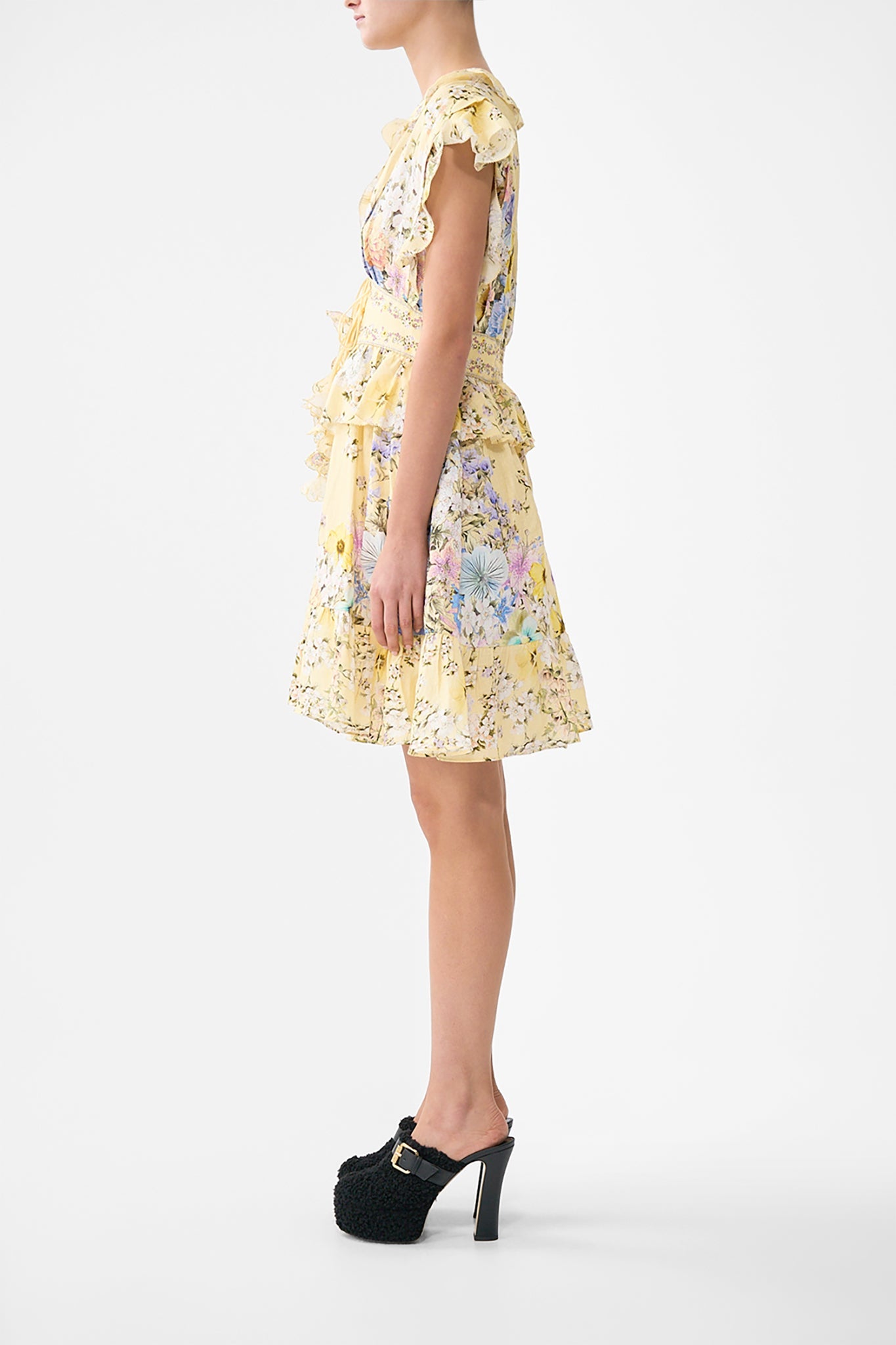 The CAMILLA WAISTED SHORT DRESS WITH RUFFLE DETAILS DARLING BUDS in our  print.