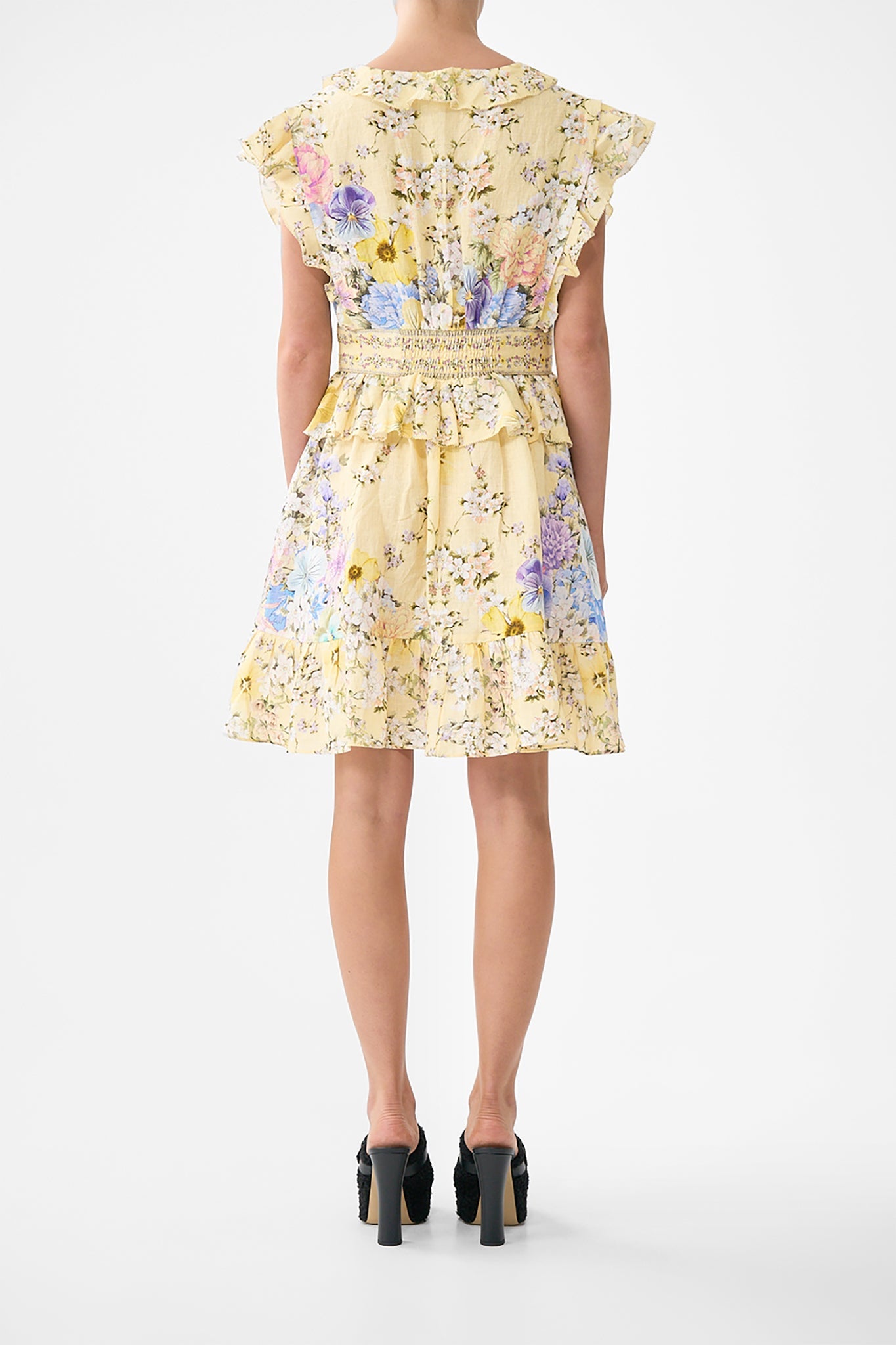 The CAMILLA WAISTED SHORT DRESS WITH RUFFLE DETAILS DARLING BUDS in our  print.
