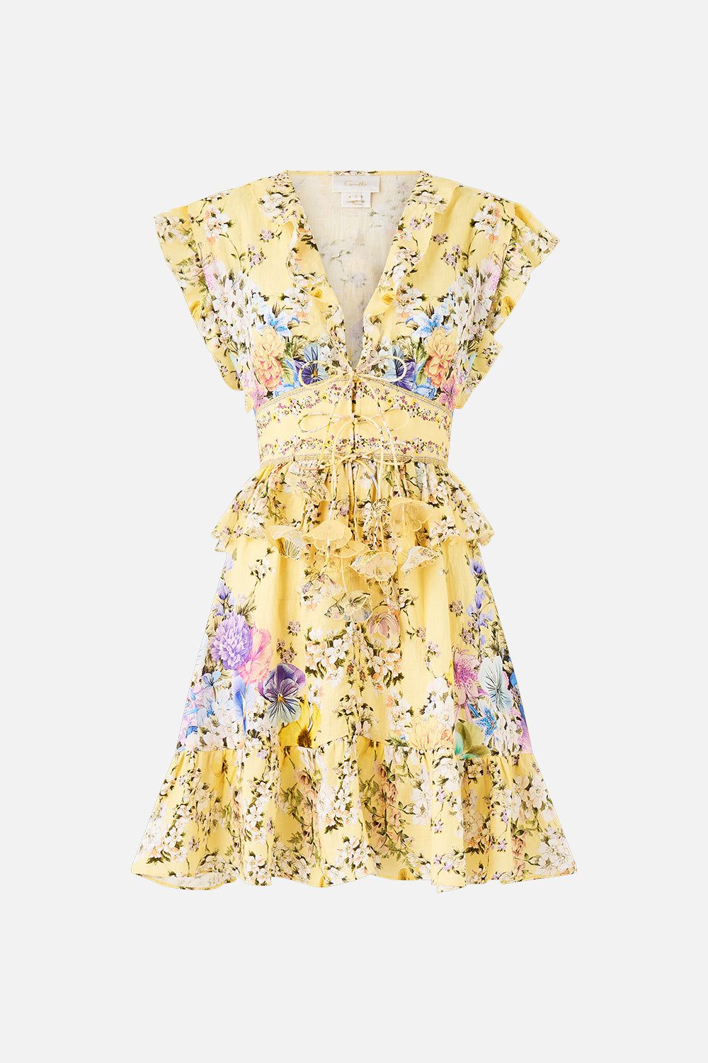 The CAMILLA WAISTED SHORT DRESS WITH RUFFLE DETAILS DARLING BUDS in our  print.