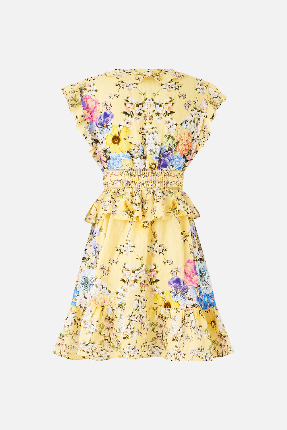 The CAMILLA WAISTED SHORT DRESS WITH RUFFLE DETAILS DARLING BUDS in our  print.