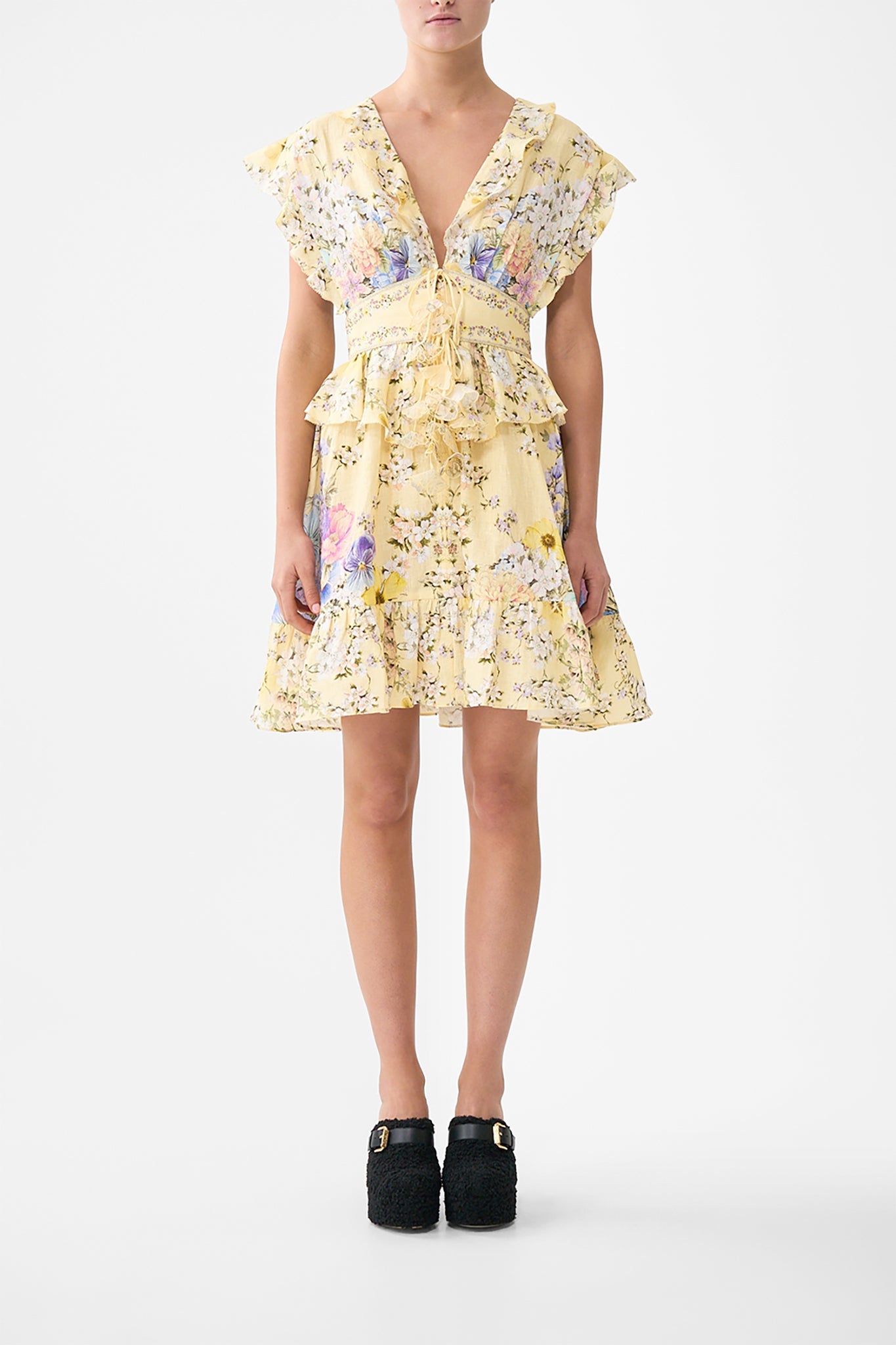 The CAMILLA WAISTED SHORT DRESS WITH RUFFLE DETAILS DARLING BUDS in our DARLING BUDS print.