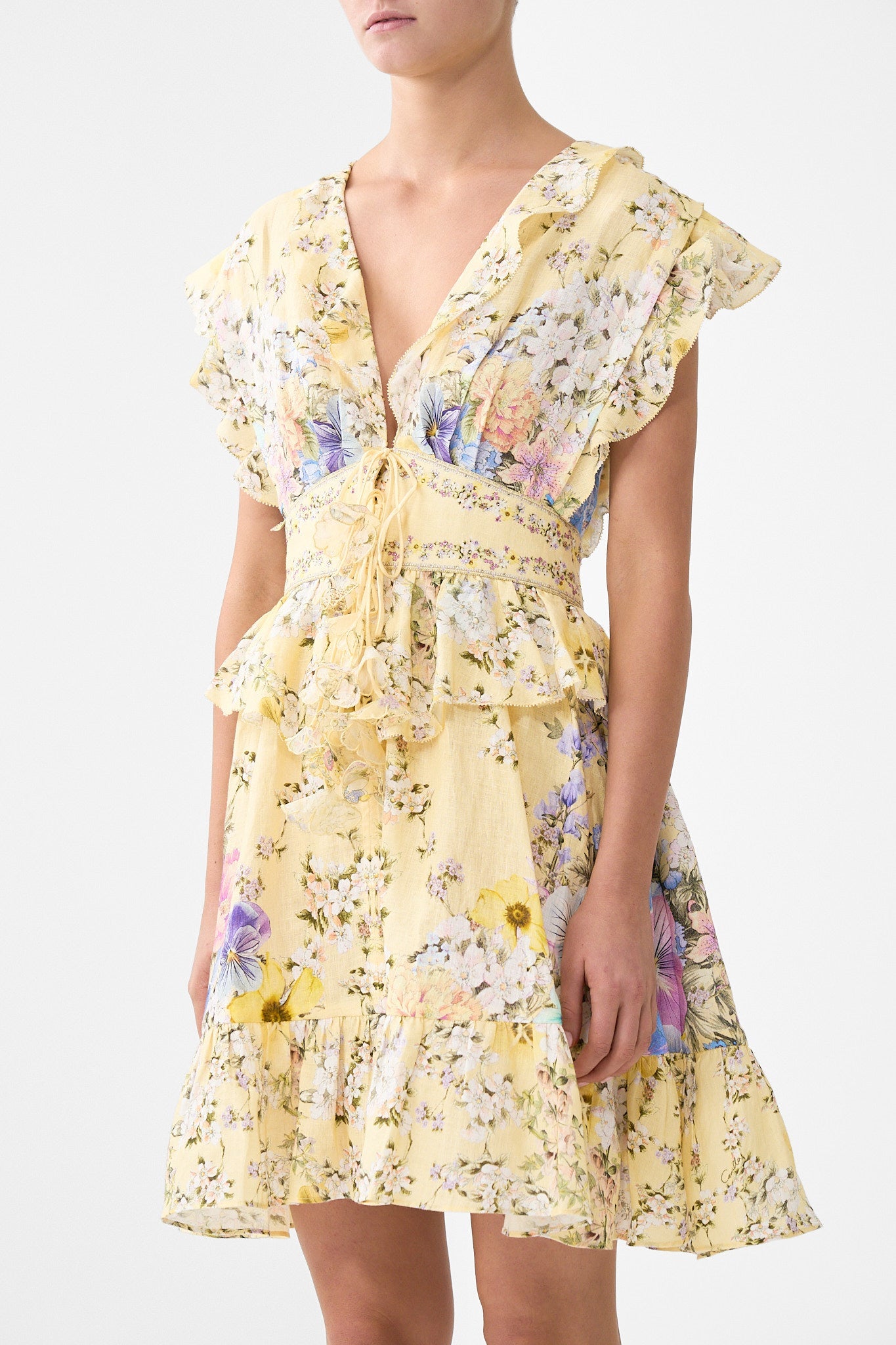 The CAMILLA WAISTED SHORT DRESS WITH RUFFLE DETAILS DARLING BUDS in our  print.