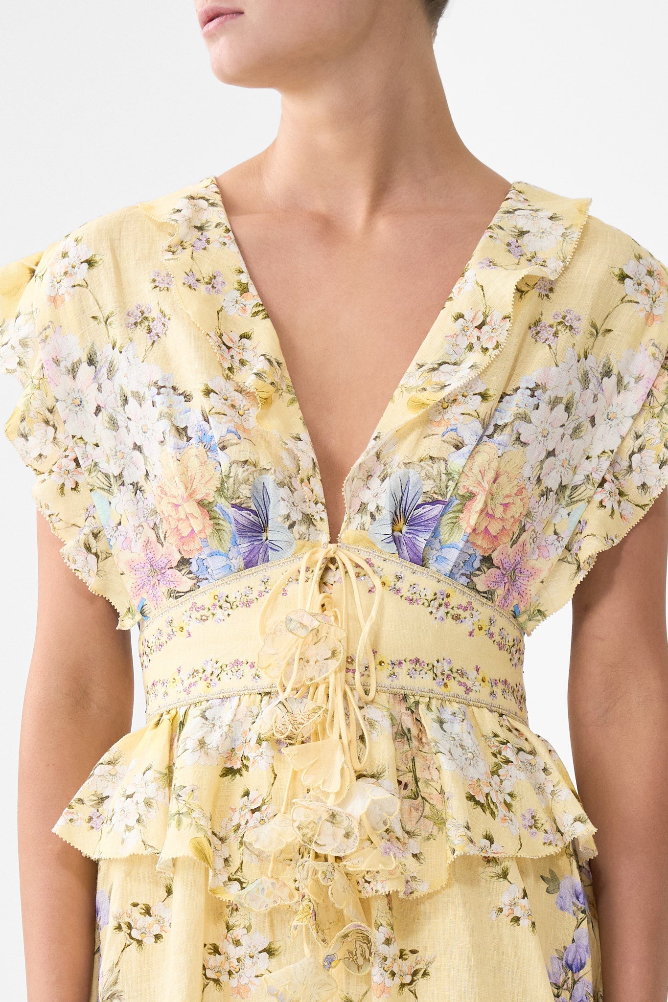 The CAMILLA WAISTED SHORT DRESS WITH RUFFLE DETAILS DARLING BUDS in our  print.