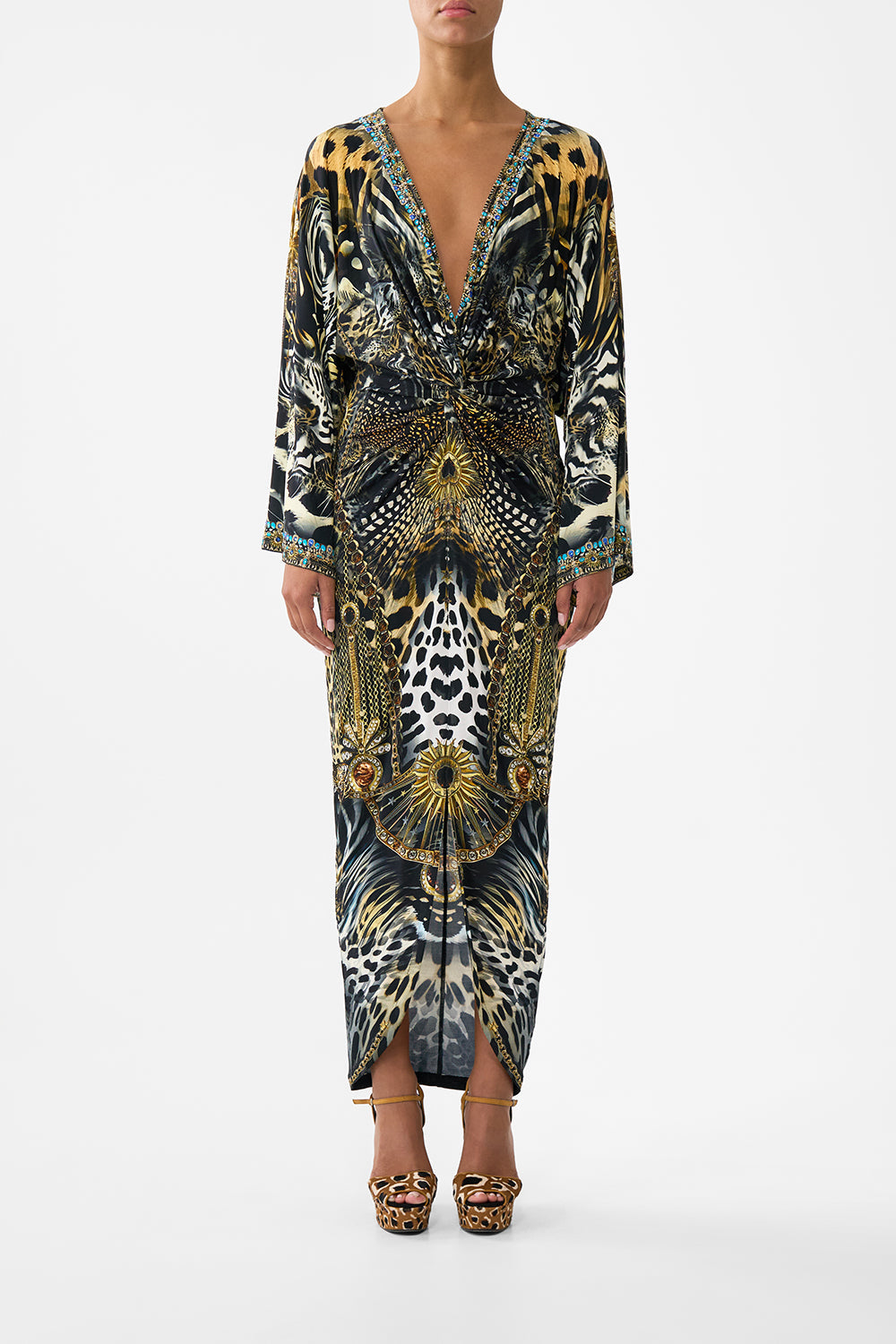 LONG SPLIT FRONT TWIST DRESS FELINE FOLKLORE