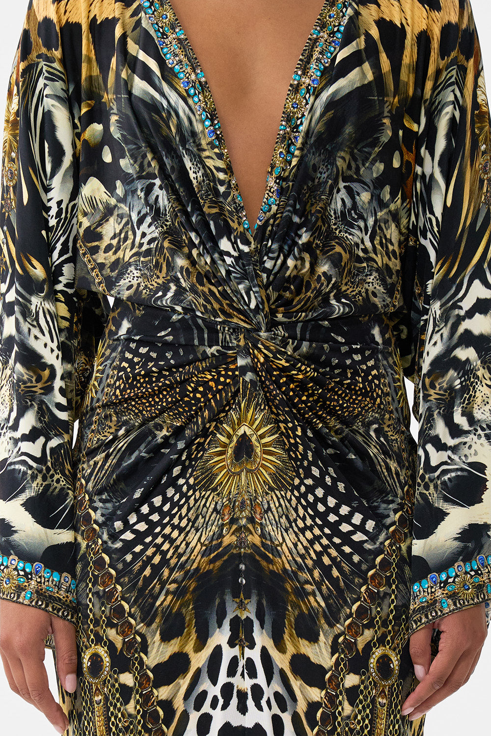 LONG SPLIT FRONT TWIST DRESS FELINE FOLKLORE