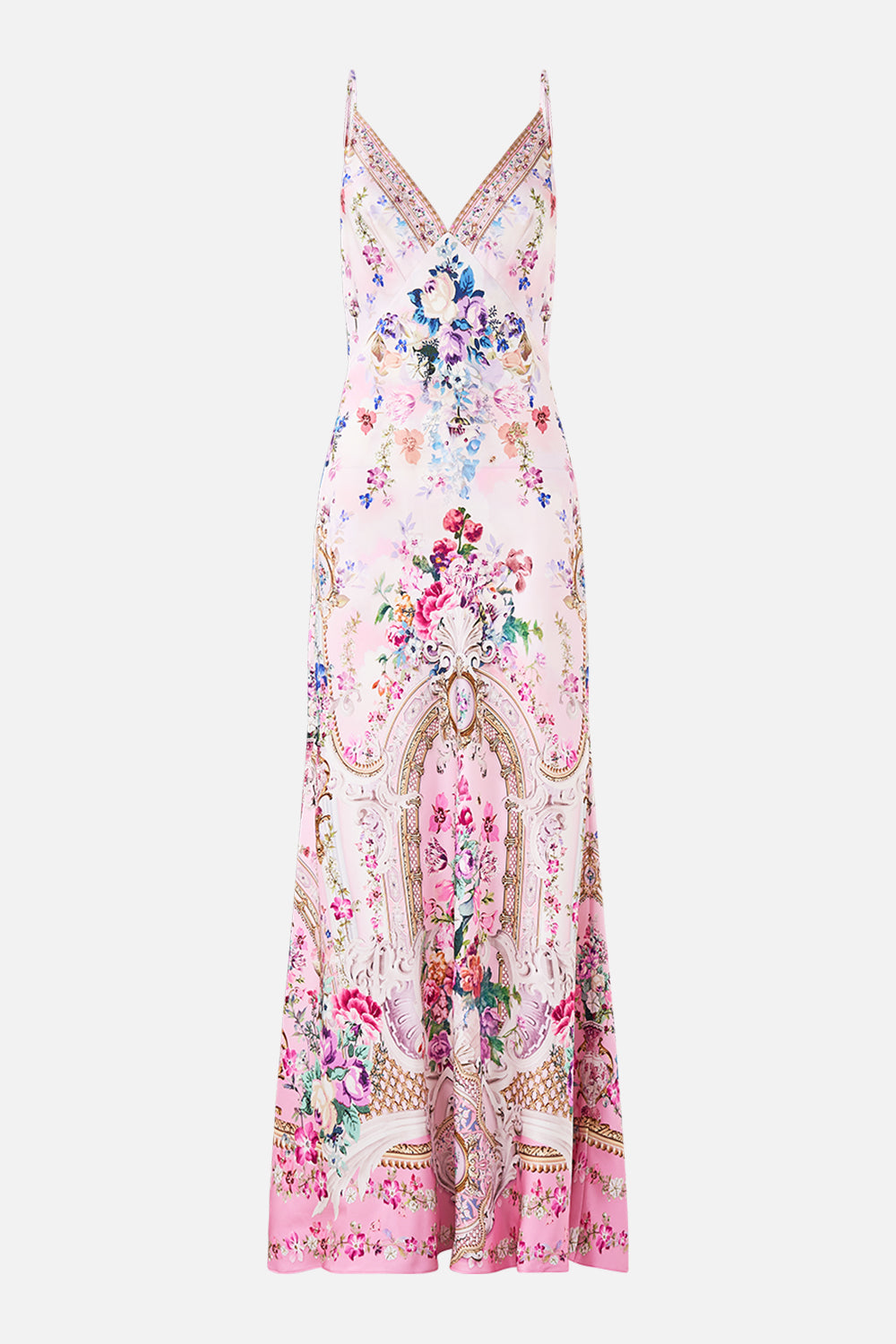 The CAMILLA v-neck long bias slip dress with train from our print palatial pastels, front product view