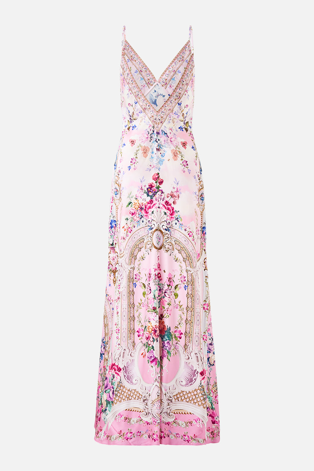 The CAMILLA v-neck long bias slip dress with train from our print palatial pastels, back product view
