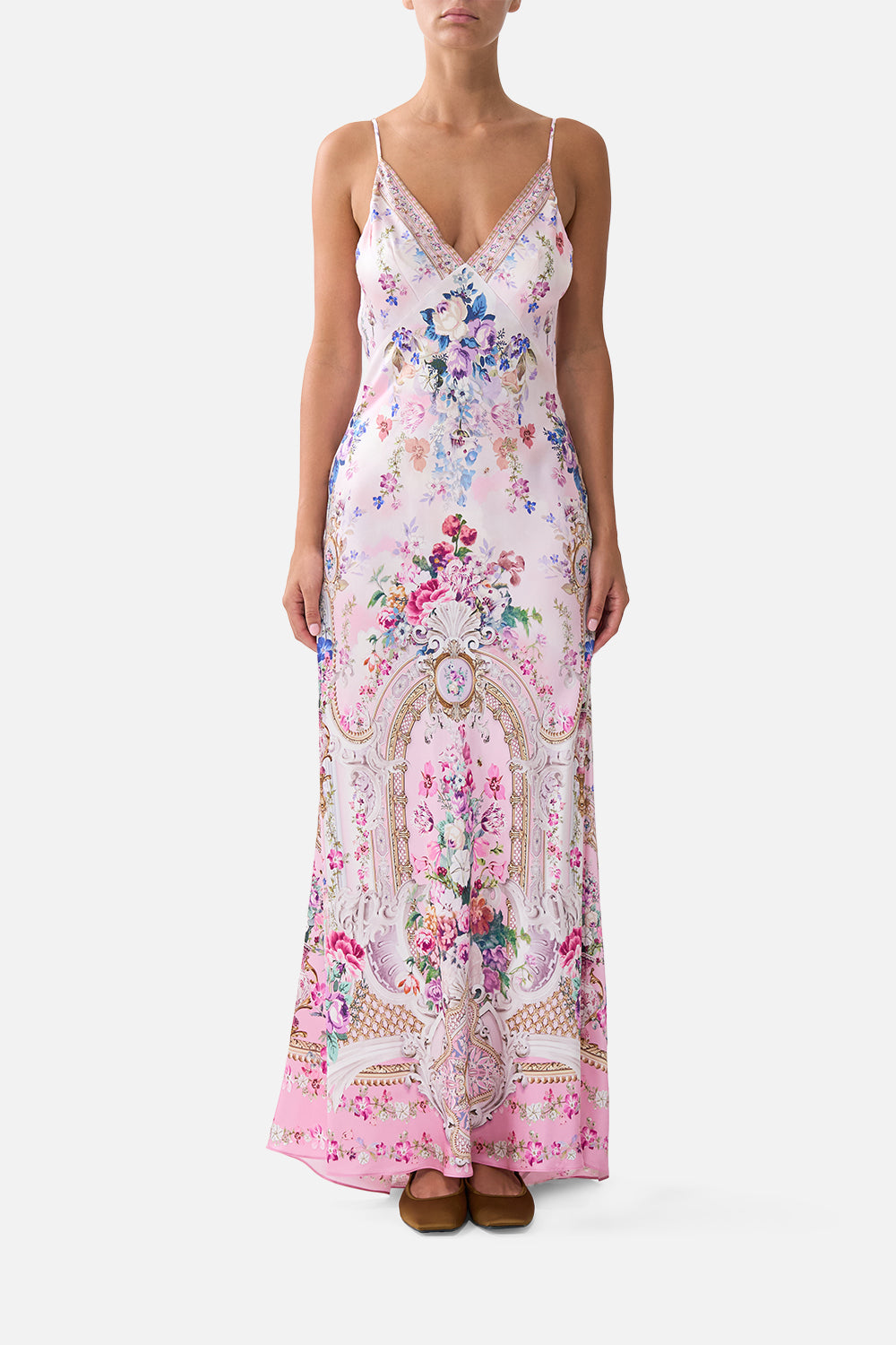 The CAMILLA v-neck long bias slip dress with train from our print palatial pastels, front model view