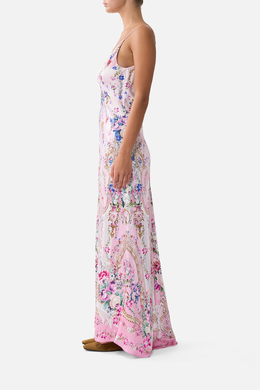 The CAMILLA v-neck long bias slip dress with train from our print palatial pastels, side model view