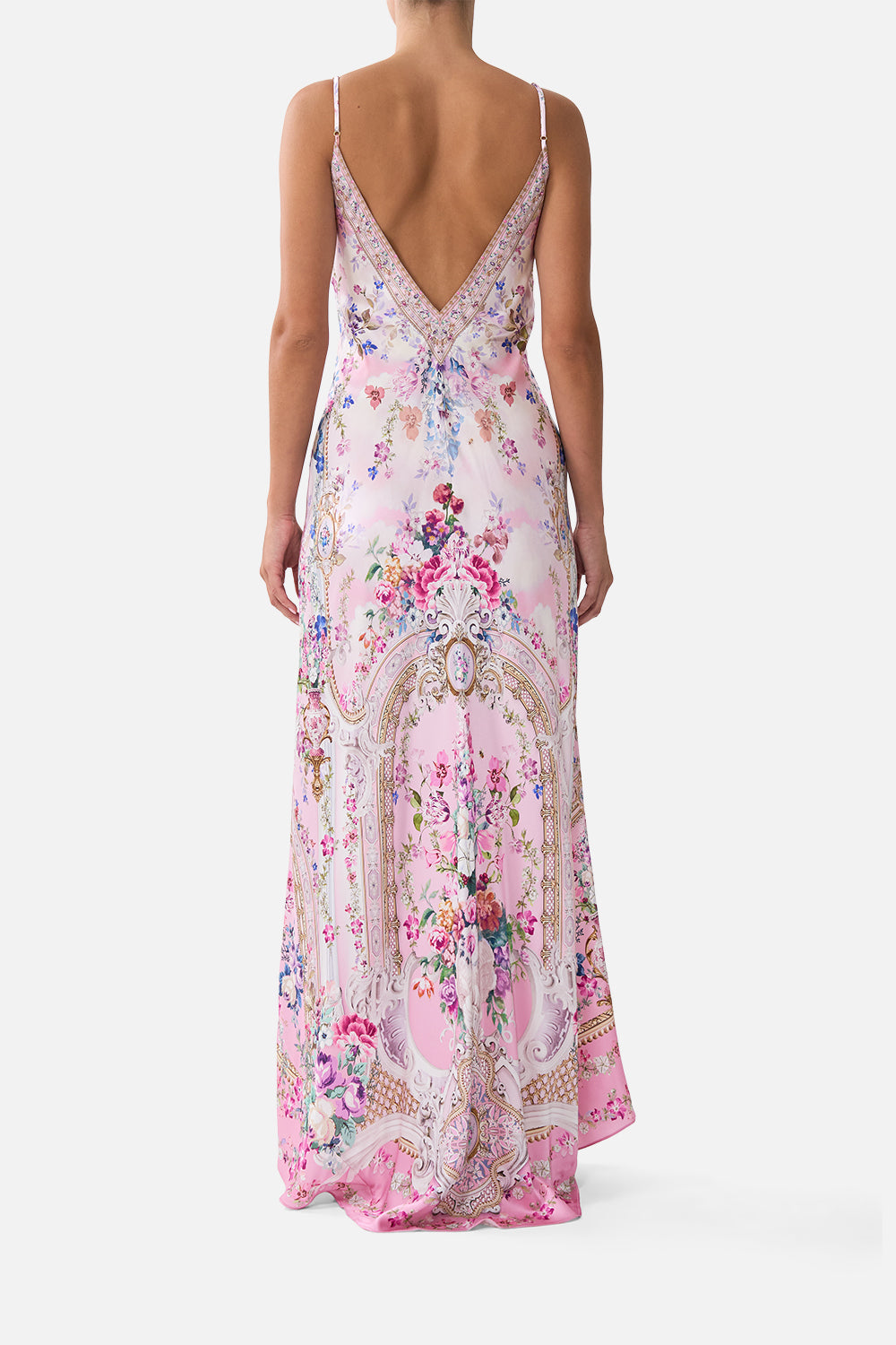 V-NECK LONG BIAS SLIP DRESS WITH TRAIN PALATIAL PASTELS