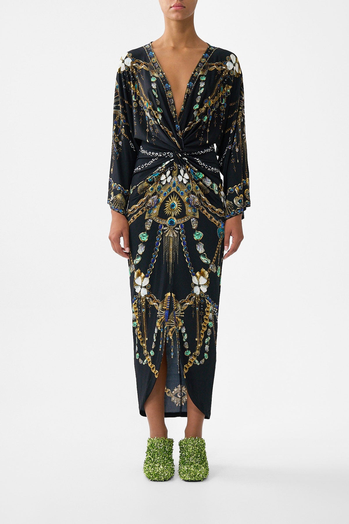 The CAMILLA long split front twist dress from our print amulets and alchemy
