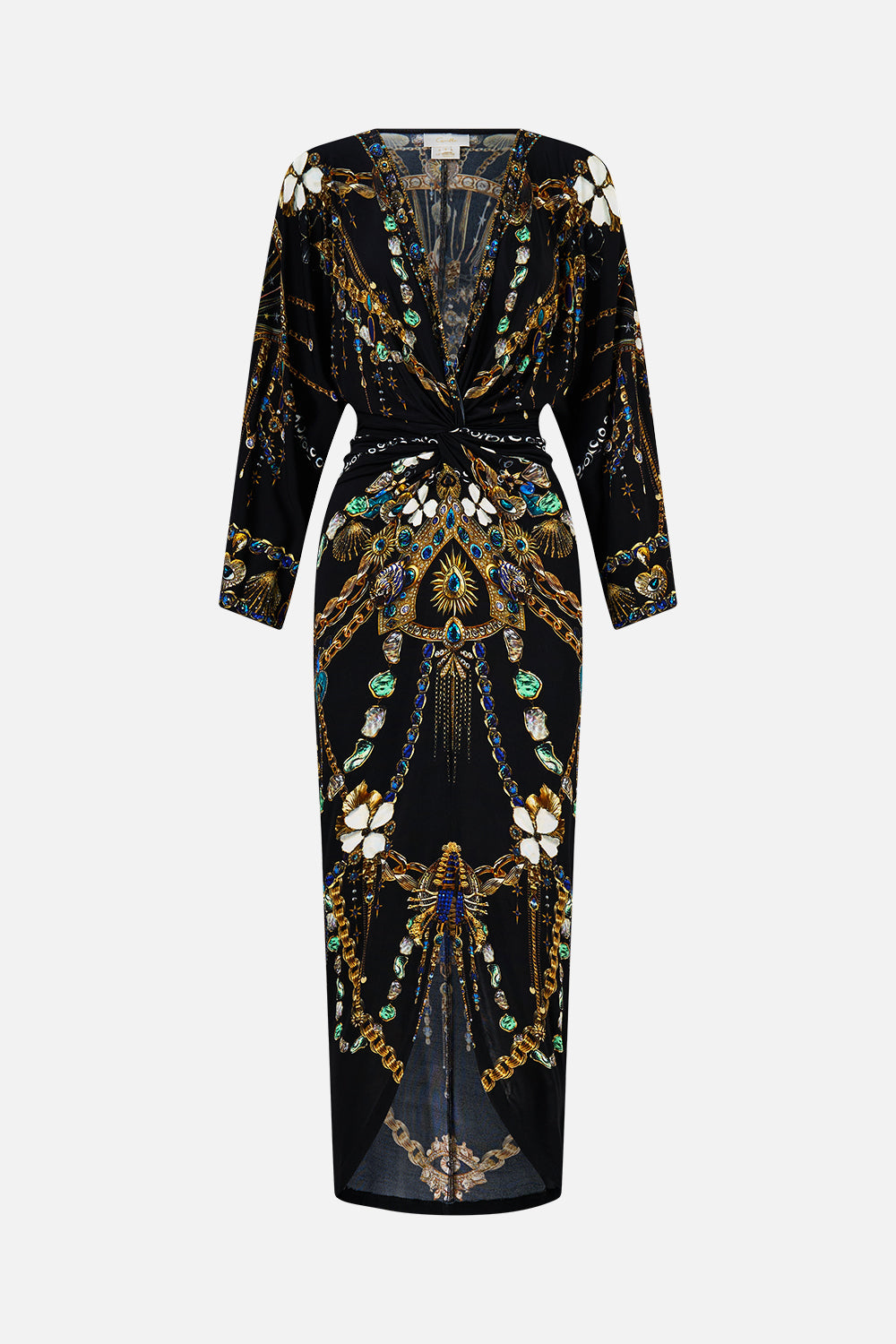The CAMILLA long split front twist dress from our print amulets and alchemy, front product view