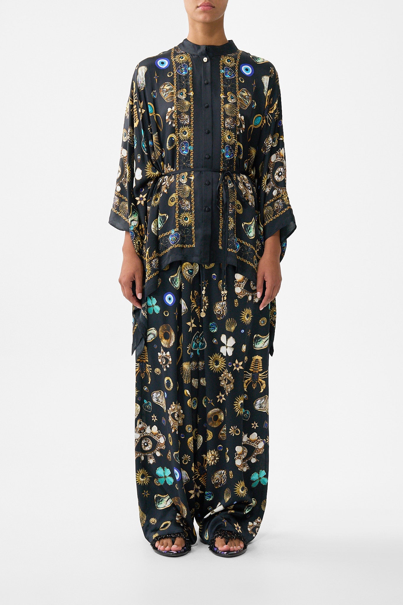 The CAMILLA BUTTON THROUGH SCARF BLOUSE AMULETS AND ALCHEMY in our AMULETS AND ALCHEMY print.