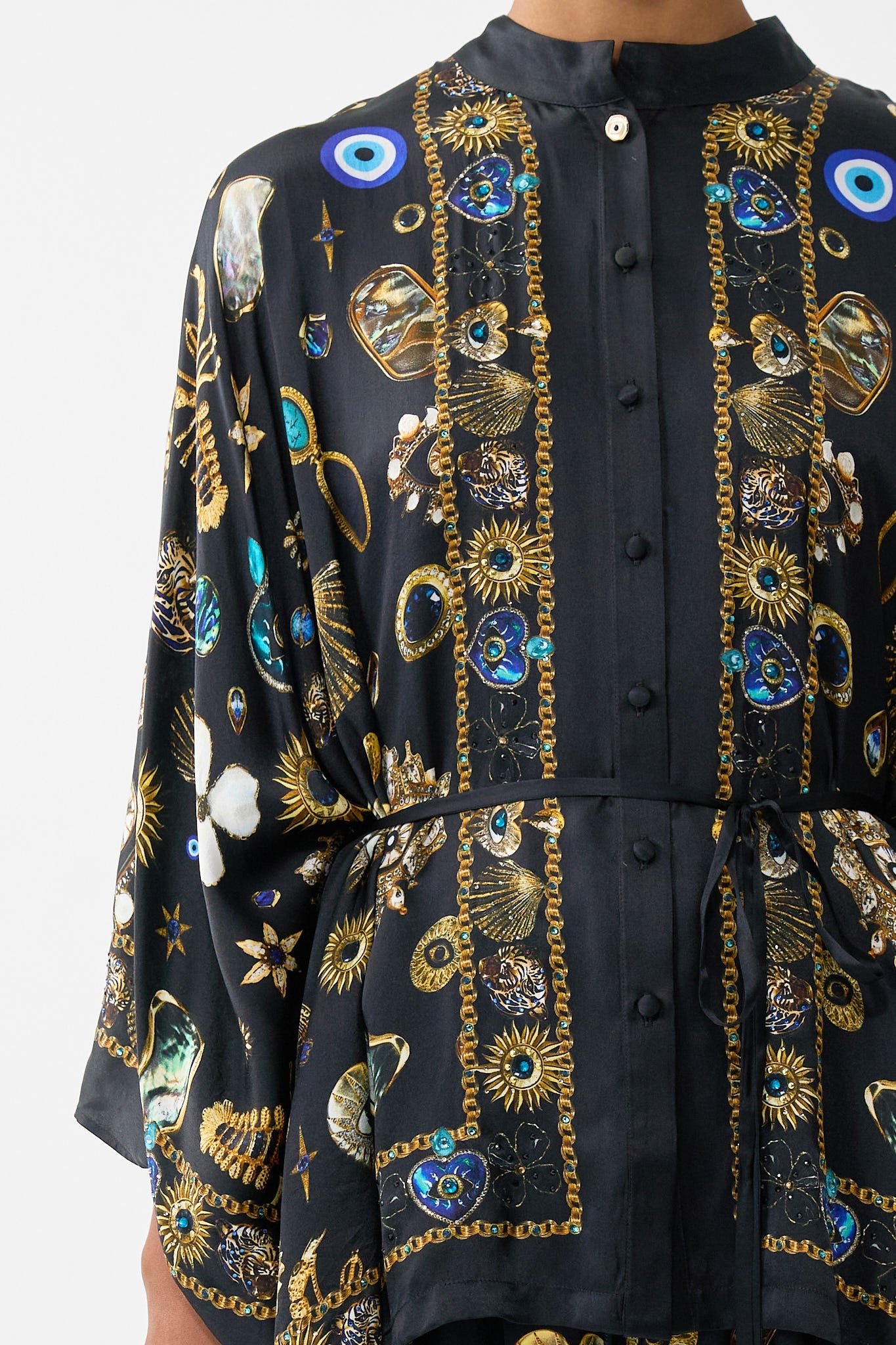 The CAMILLA BUTTON THROUGH SCARF BLOUSE AMULETS AND ALCHEMY in our  print.