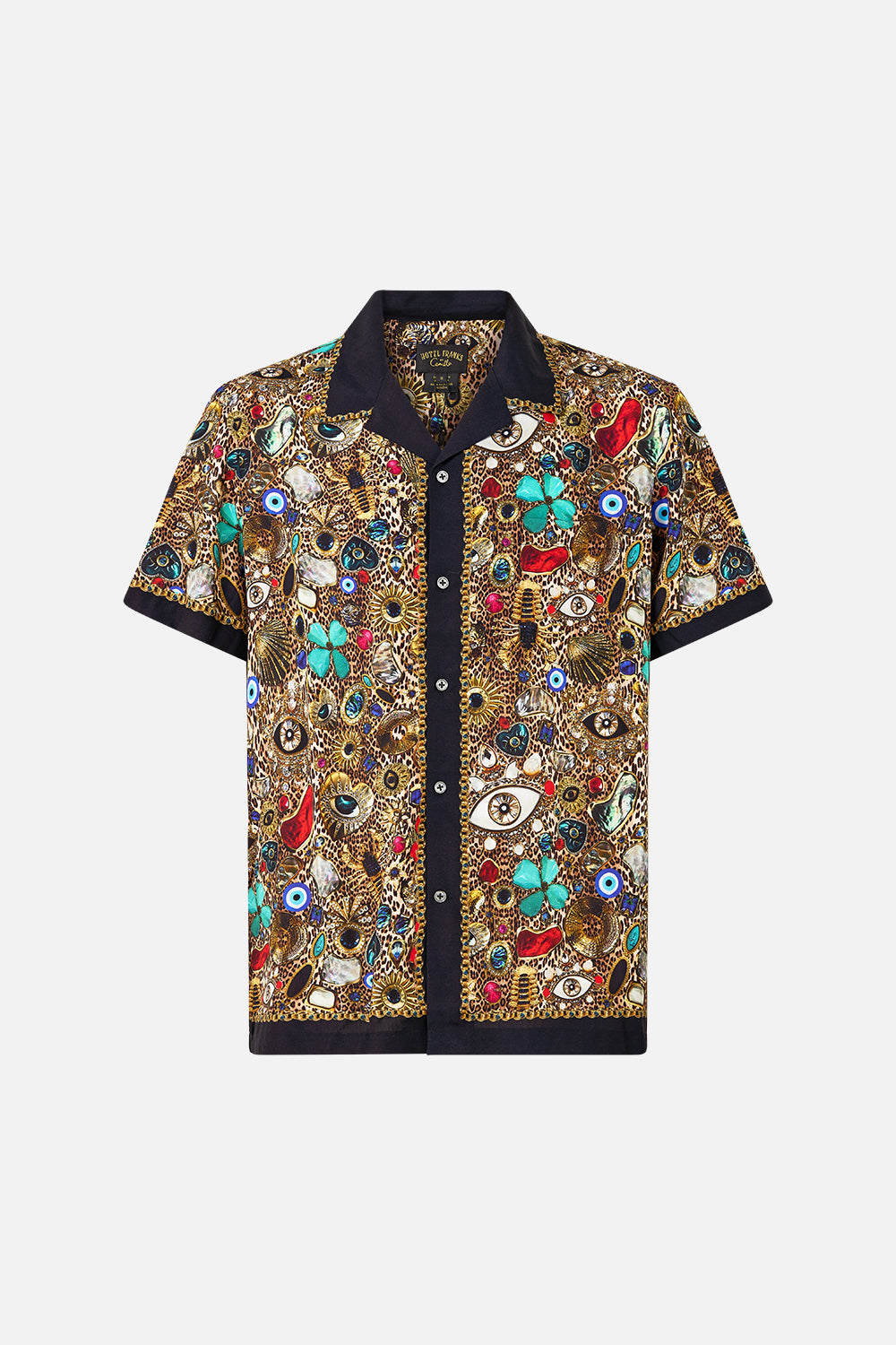 The CAMILLA SHORT SLEEVE CAMP COLLARED SHIRT NAZAR NIRVANA in our  print.