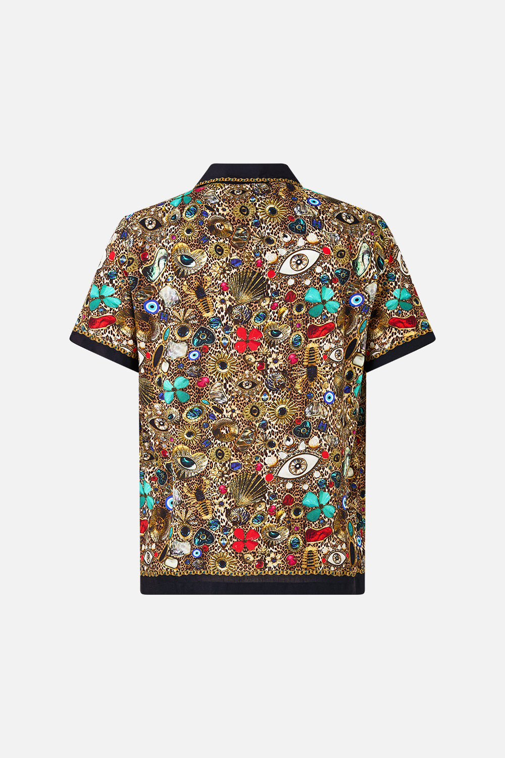 The CAMILLA SHORT SLEEVE CAMP COLLARED SHIRT NAZAR NIRVANA in our  print.