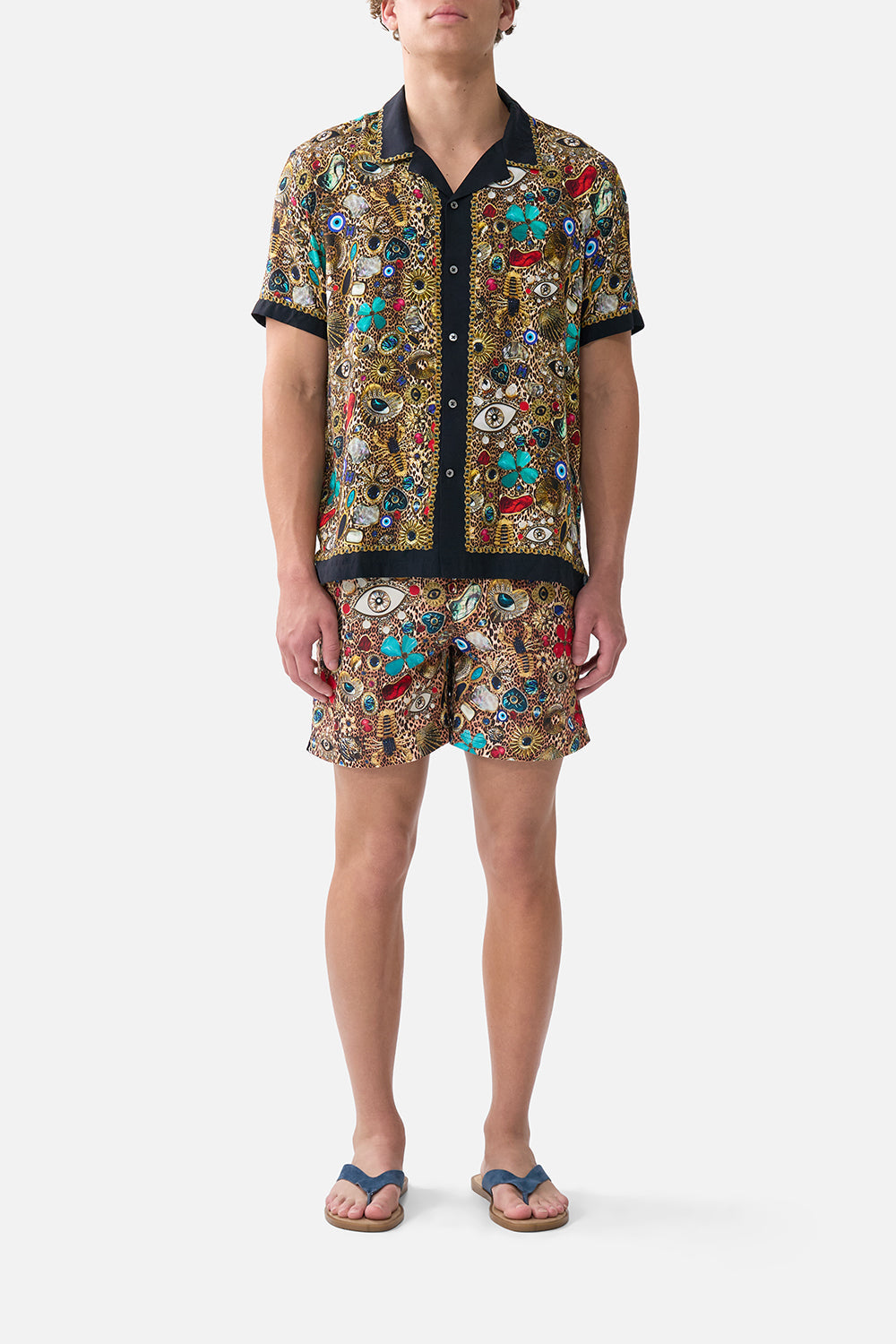 The CAMILLA SHORT SLEEVE CAMP COLLARED SHIRT NAZAR NIRVANA in our NAZAR NIRVANA print.