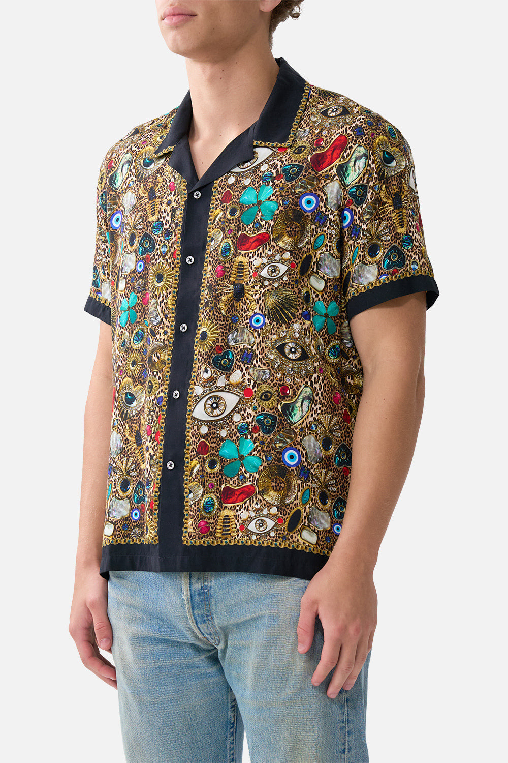 The CAMILLA SHORT SLEEVE CAMP COLLARED SHIRT NAZAR NIRVANA in our  print.