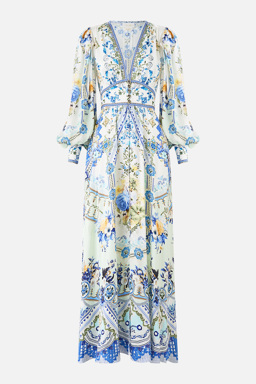 The CAMILLA SHAPED WAISTBAND DRESS WITH GATHERED SLEEVES MY HOMESPUN HEART in our  print.