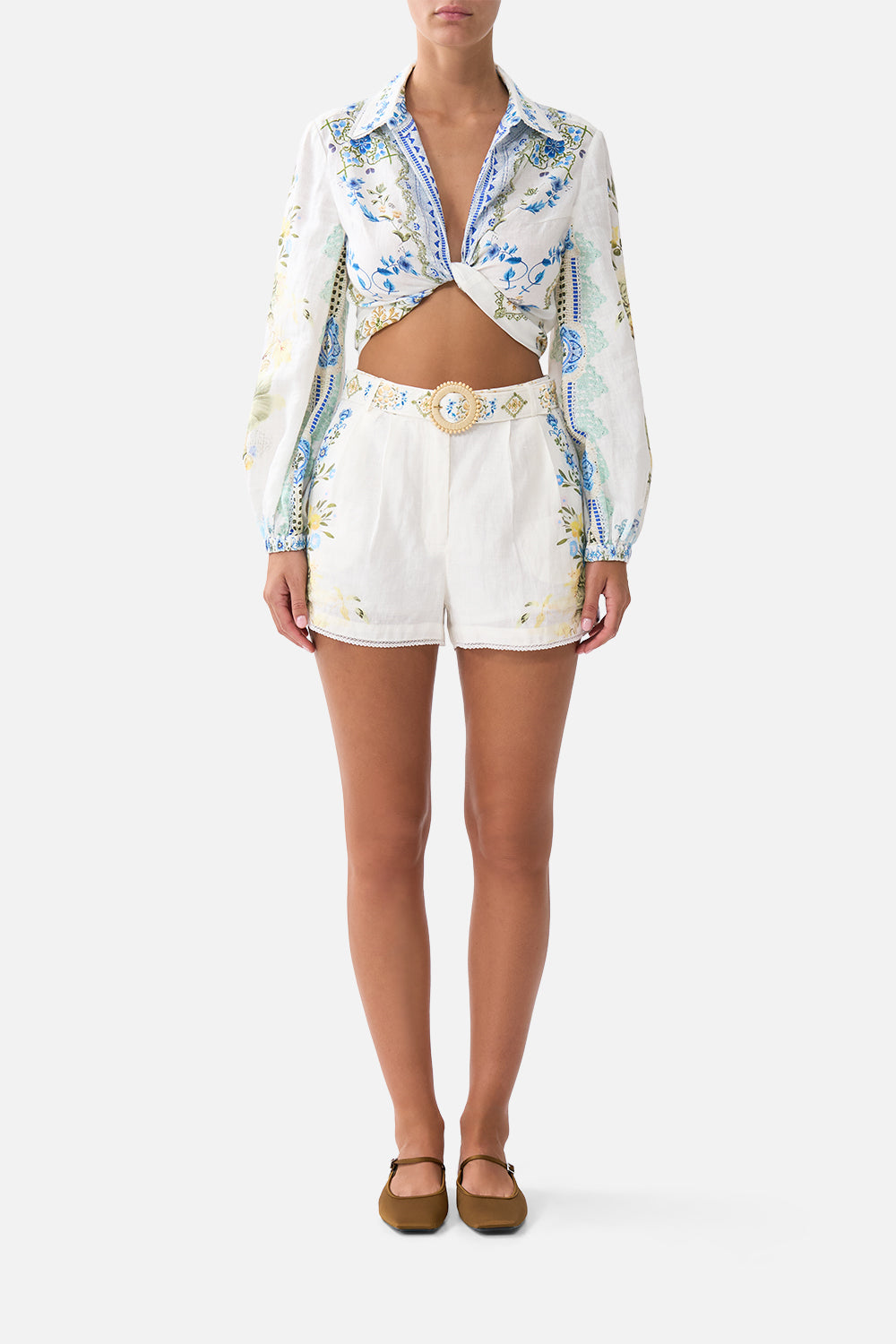 The CAMILLA CROPPED WRAP SHIRT MY HOMESPUN HEART in our MY HOMESPUN HEART print.