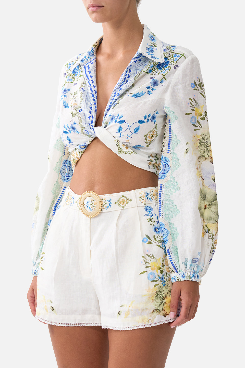 The CAMILLA CROPPED WRAP SHIRT MY HOMESPUN HEART in our  print.