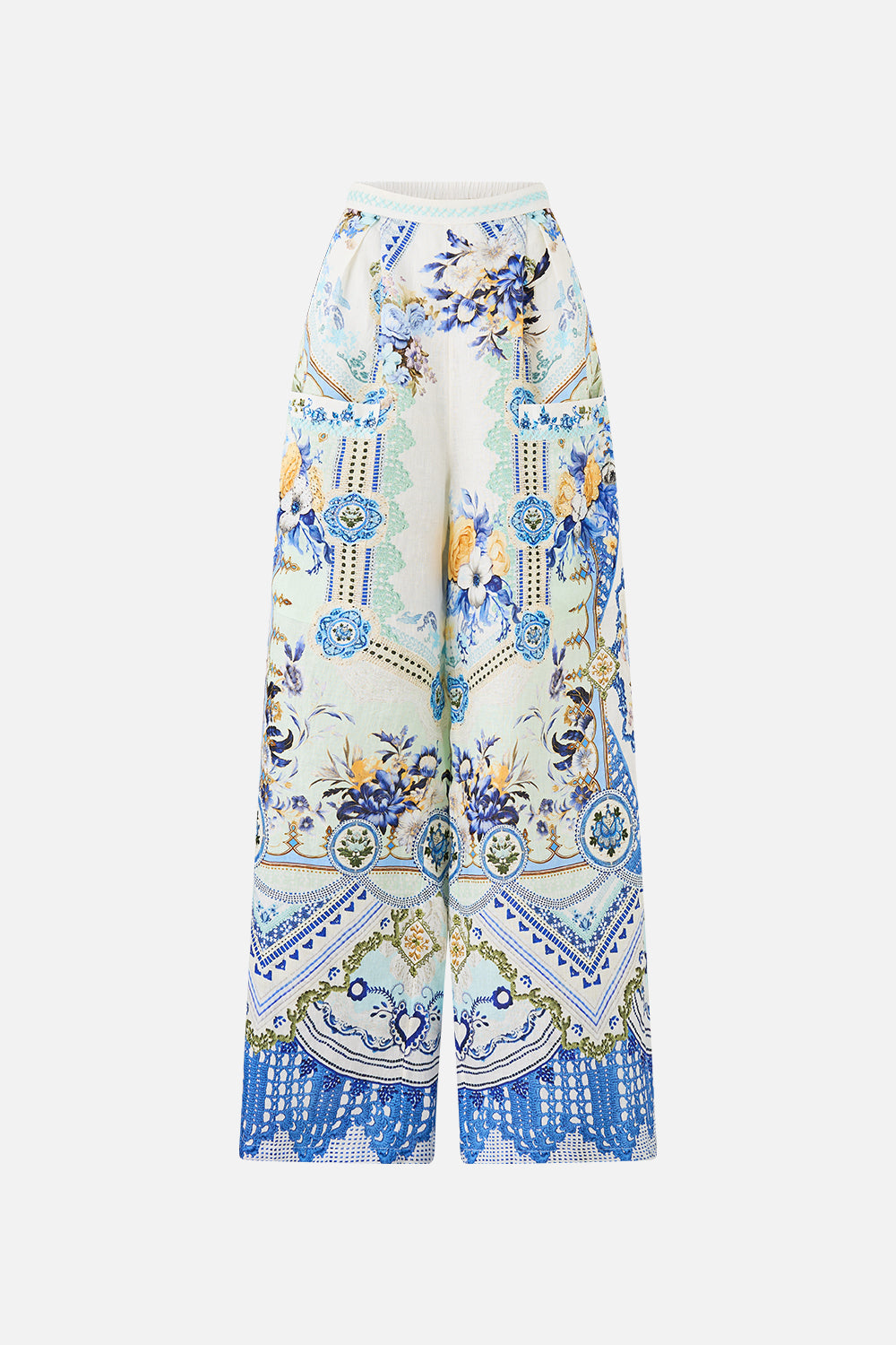 The CAMILLA WIDE LEG TROUSER WITH FRONT POCKETS MY HOMESPUN HEART in our  print.