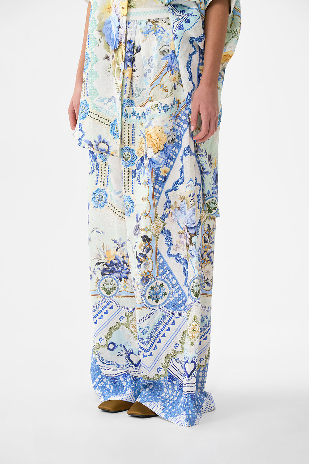 The CAMILLA WIDE LEG TROUSER WITH FRONT POCKETS MY HOMESPUN HEART in our  print.