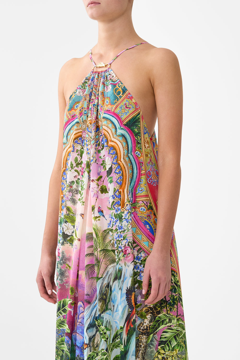 The CAMILLA GATHER NECK HARDWARE MAXI DRESS TURKISH DELIGHT in our  print.