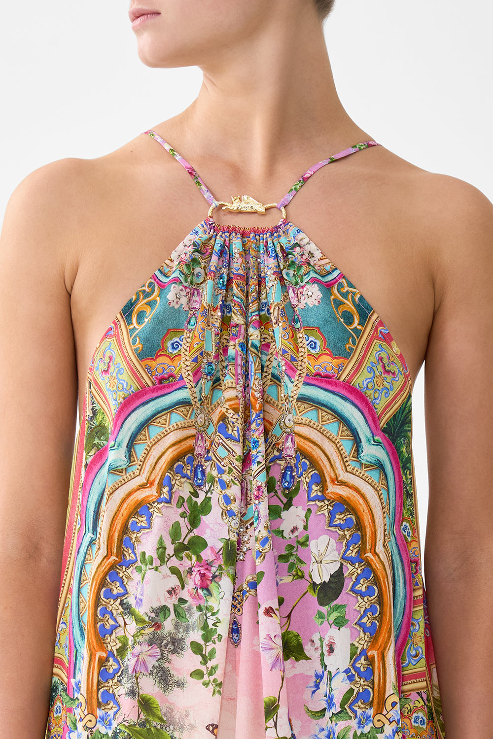 The CAMILLA GATHER NECK HARDWARE MAXI DRESS TURKISH DELIGHT in our  print.