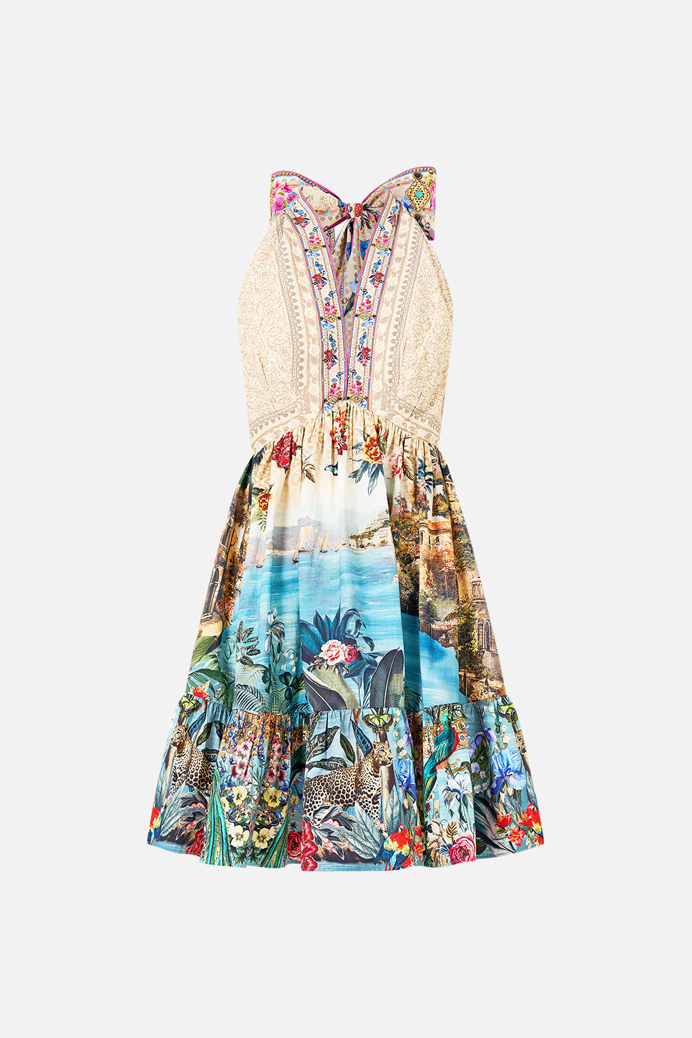 The CAMILLA RUFFLE HEM HALTER SHORT DRESS BODRUM BOTANICALS in our  print.