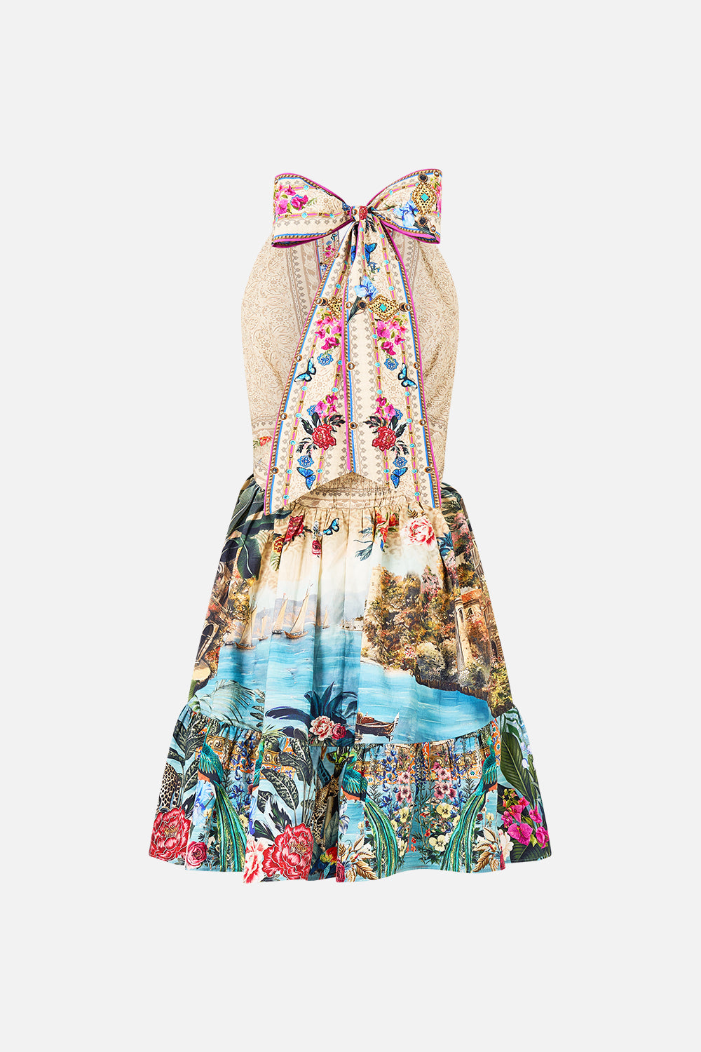 The CAMILLA RUFFLE HEM HALTER SHORT DRESS BODRUM BOTANICALS in our  print.