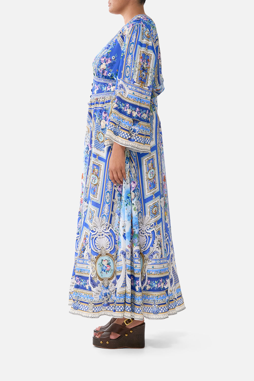 The CAMILLA KIMONO SLEEVE DRESS WITH SHIRRING DETAIL OTTOMAN OPULENCE in our  print.