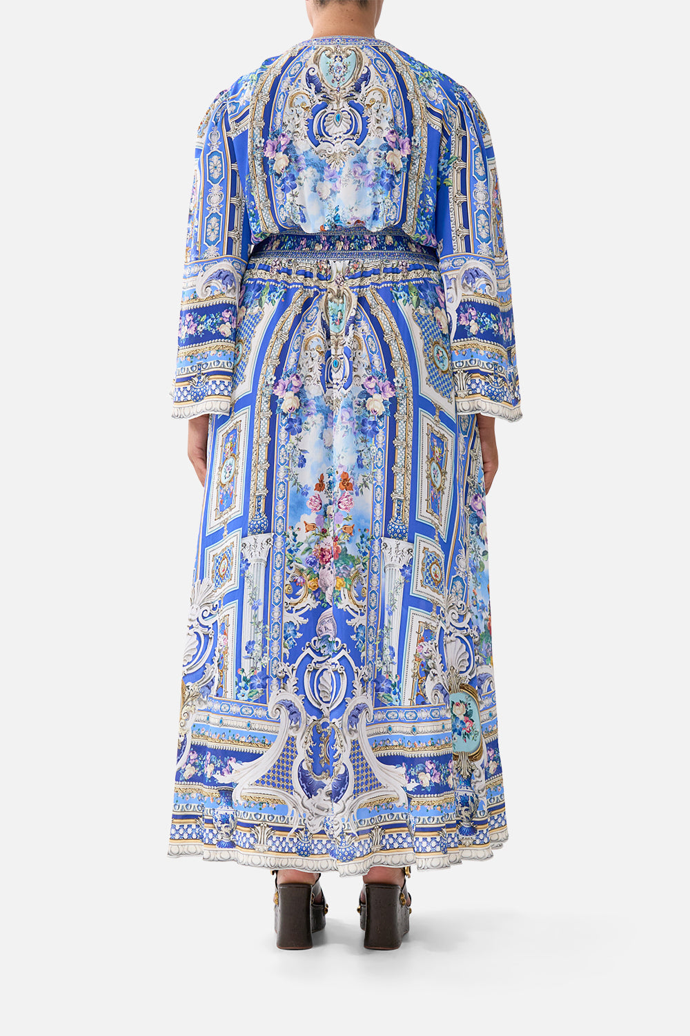 The CAMILLA KIMONO SLEEVE DRESS WITH SHIRRING DETAIL OTTOMAN OPULENCE in our  print.