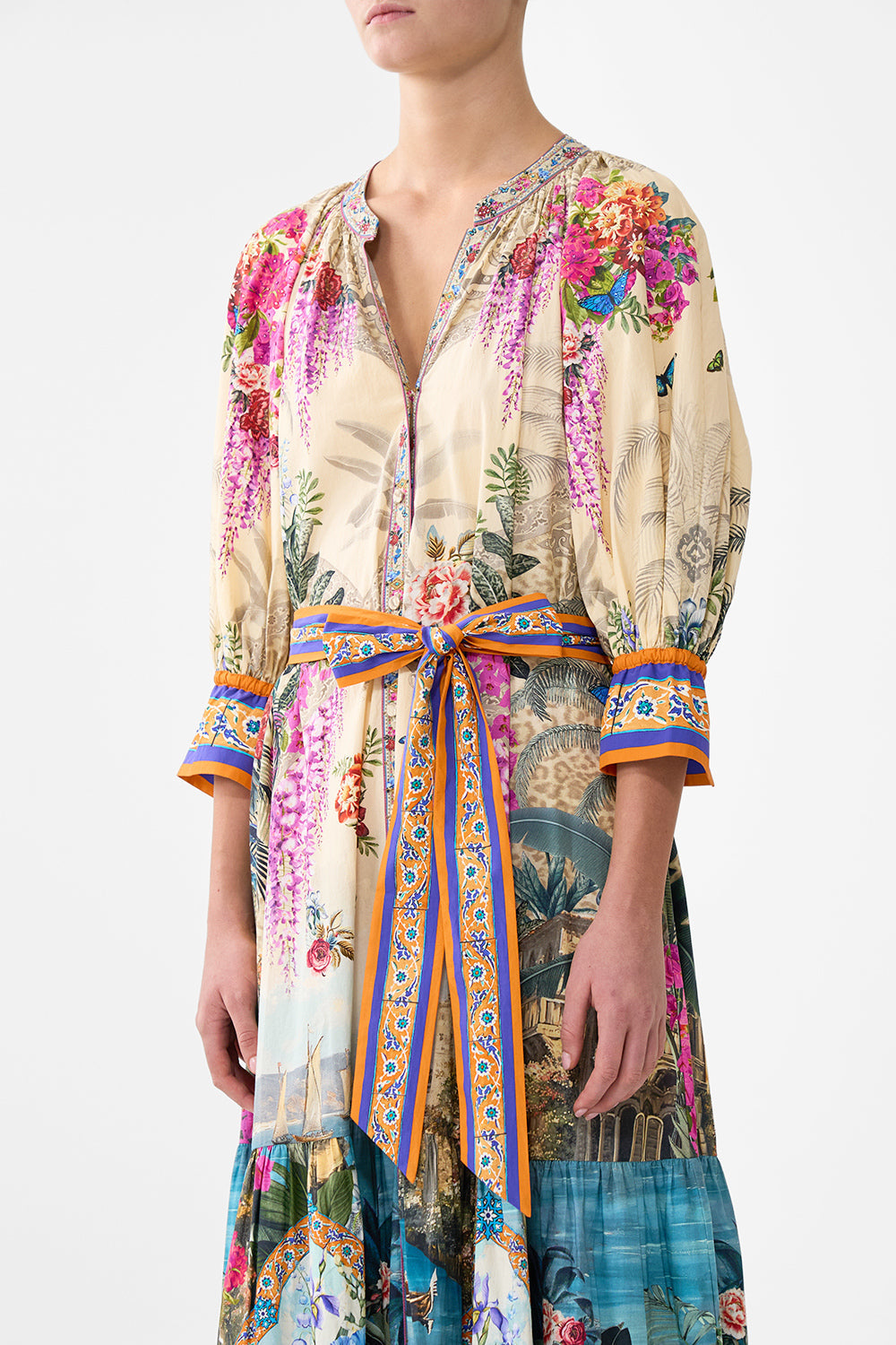 TIERED SHIRT DRESS WITH SHORT SLEEVE BODRUM BOTANICALS