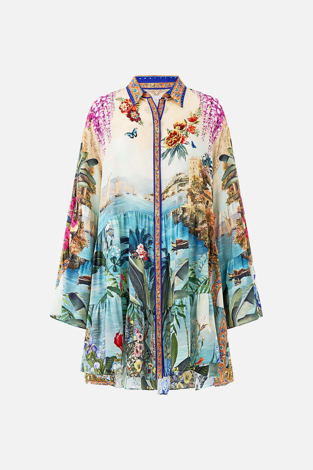 The CAMILLA TIERED DRESS WITH COLLAR BODRUM BOTANICALS in our  print.