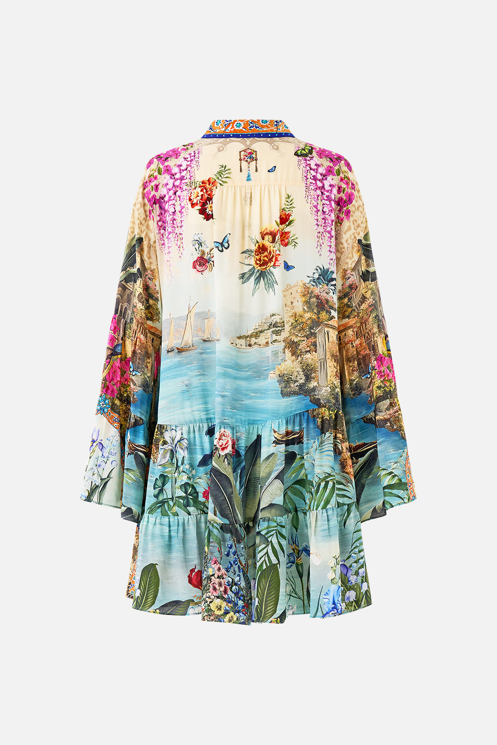 The CAMILLA TIERED DRESS WITH COLLAR BODRUM BOTANICALS in our  print.