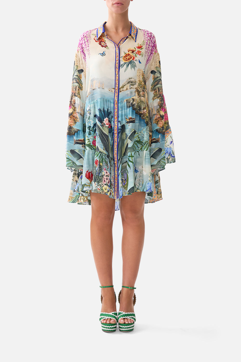 The CAMILLA TIERED DRESS WITH COLLAR BODRUM BOTANICALS in our BODRUM BOTANICALS print.