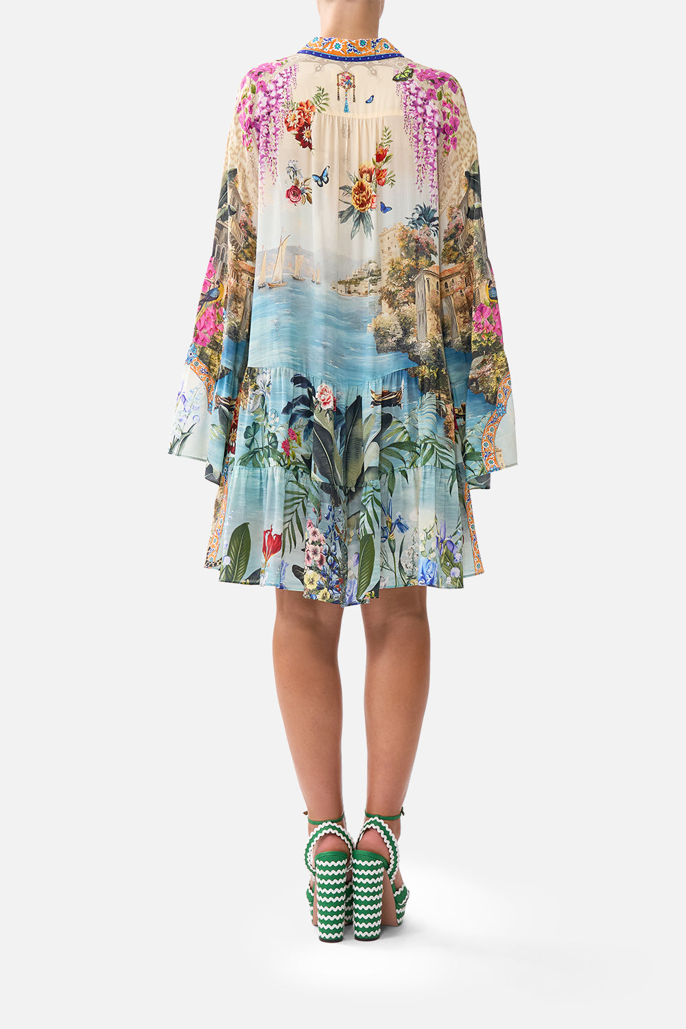 The CAMILLA TIERED DRESS WITH COLLAR BODRUM BOTANICALS in our  print.