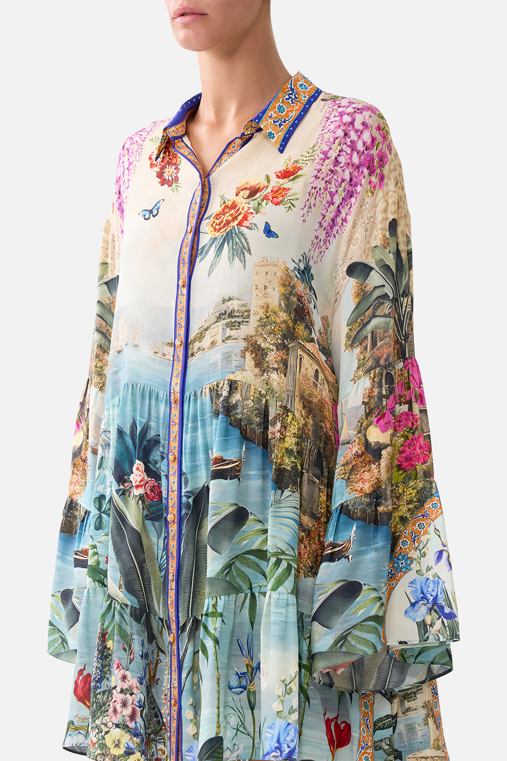 The CAMILLA TIERED DRESS WITH COLLAR BODRUM BOTANICALS in our  print.
